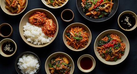 A vibrant overhead spread of diverse Korean and Asian fusion dishes, beautifully arranged with rice, kimchi, and stir-fries for a delightful culinary experience