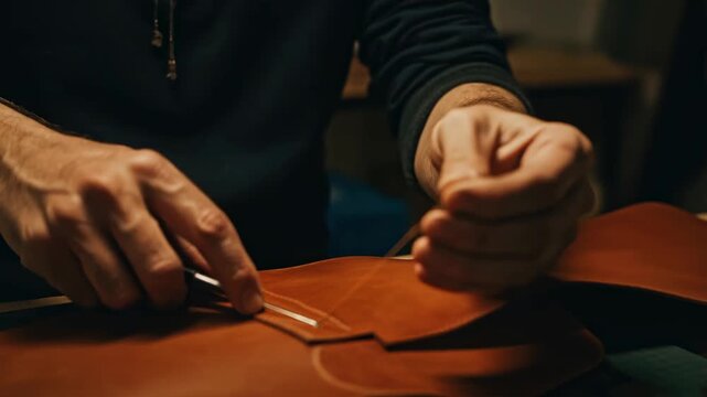 Artisan man sewing brown leather detail with needle and thread. Workshop craftsmanship process and handmade leather goods manufacture.
