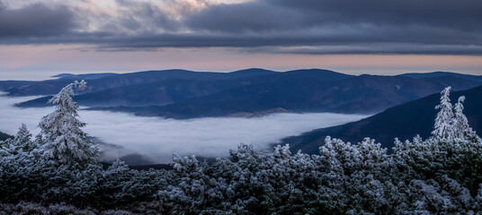 View to the valley filled with fog and clouds and on a harsh scenic landscape from a mountain range of Jeseniky mountains during temperature inversion