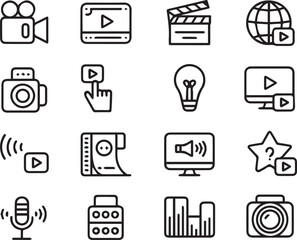 video media icon set line art symbols for streaming content production and digital multimedia ui ai eps png jpeg