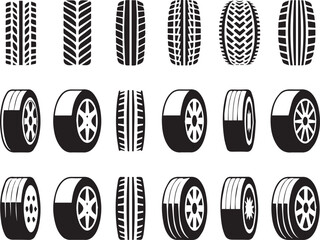 set of 18 tire tread patterns and wheel rim designs black and white vector collection ai eps jpeg png