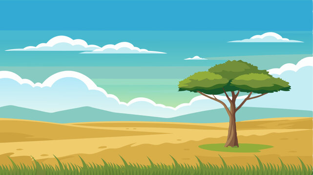 An endless expanse of grasslands stretching as far as the eye can see interrupted only by the occasional lone acacia tree standing tall against the vast sky.