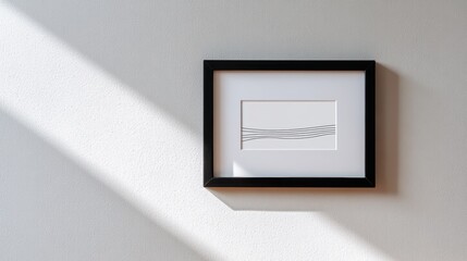 A framed minimalist artwork casts a subtle shadow on a textured wall.