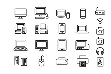 monochrome device icon set line art electronics peripherals monitor desktop laptop smartphone printer ai eps jpeg png