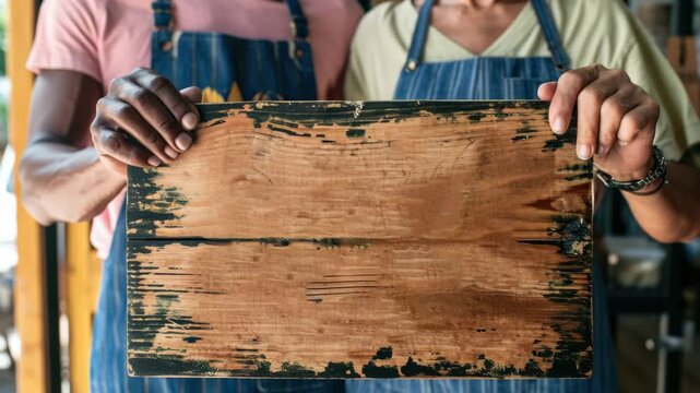 Two artisans engaged in carving a message onto a weathered wooden board.
