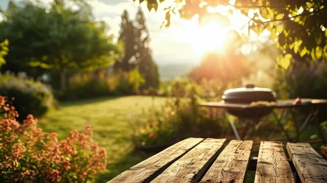 Sunny garden at dawn with wooden bench and grill.