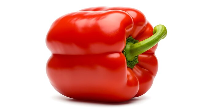 A single fresh whole red bell pepper with a green stem isolated on a pure white background