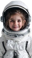 Smiling face of a little girl in a astronaut helmet and outfit, portrait of a happy child enjoying fun and youth, playing astronaut