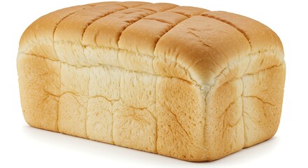 A full loaf of classic pre-sliced white sandwich bread isolated on a pure white backdrop