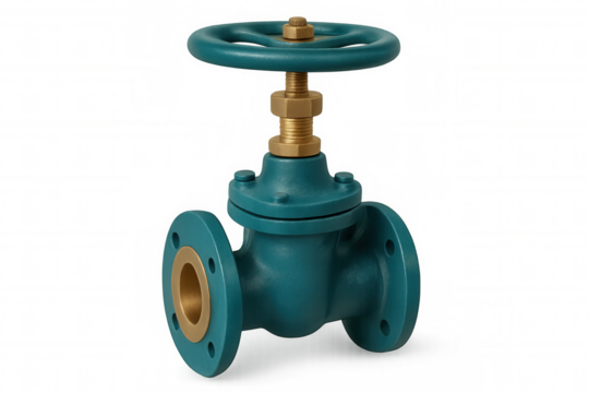 Teal industrial isolation gate valve with a brass stem and handwheel, controlling fluid flow on a transparent background