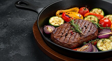 Delicious Grilled Steak and Vegetables in a Cast Iron Pan A Culinary Delight