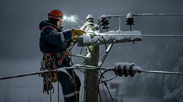 Male electrician working at night during heavy snowfall to repair power lines and restore electricity, climate change impact footage.