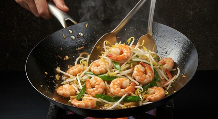 Person stir-frying fresh shrimp and crisp bean sprouts with green vegetables in a hot wok over a gas burner, creating a delicious Asian dish.