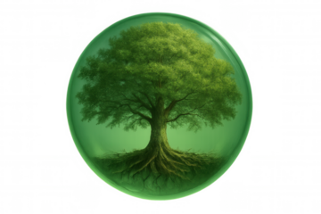 Green tree growing inside protective bubble, symbolizing environmental conservation and sustainable ecosystem