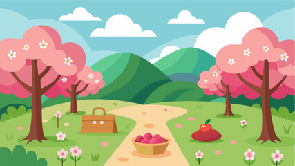 A quaint countryside orchard with blossoming plum and nectarine trees creates a stunning backdrop for a lazy afternoon picnic.