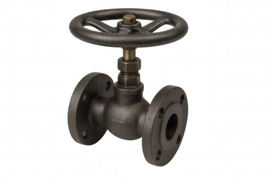 Industrial cast iron valve with brass elements and wheel handle for plumbing and steampunk projects on transparent background