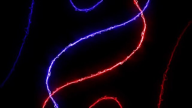 3d animation, abstract black background with two red and blue electric neon lines going in random curves in super speed and disappear