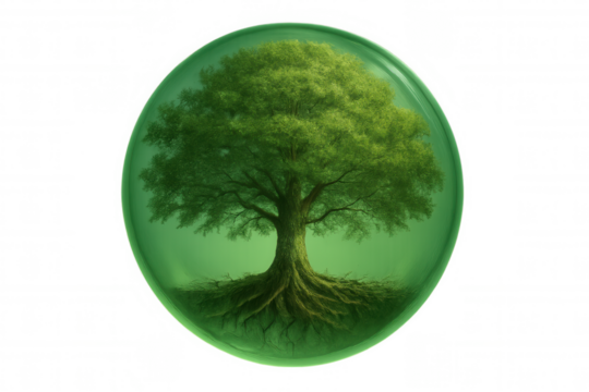 Green tree growing inside protective bubble, symbolizing environmental conservation and sustainable ecosystem