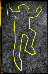 Mock crime scene intended for promotional or creative purposes. Yellow tape outlines the shape of a body, mimicking the chalk outline seen in detective or mystery scenes. Gritty. Noir aesthetic.