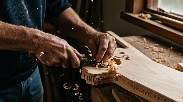 Wood carver using chisel on patterned wood to create intricate design, a traditional handicraft footage
