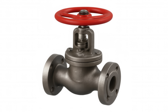 Metal industrial gate valve with red wheel, regulating pipeline flow, isolated on transparent background