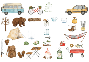 A watercolor clipart collection with isolated camper van, tents, bear, dogs, campfire, and gear, rendered with hand-painted textures on a transparent background, concept of camping adventure and