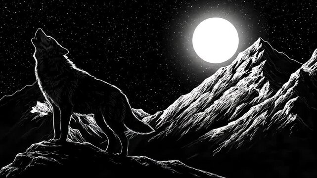 Lone Wolf Howling at the Moon in Black and White Mountain Illustration