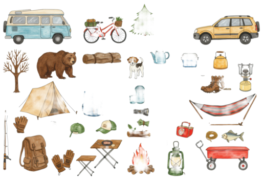 A watercolor clipart collection with isolated camper van, tents, bear, dogs, campfire, and gear, rendered with hand-painted textures on a transparent background, concept of camping adventure and - Powered by Adobe