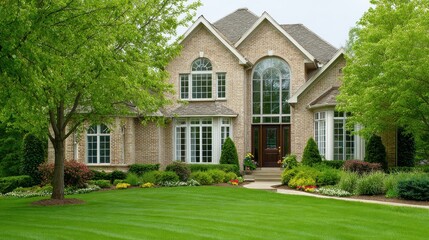 outside view of elegant suburban house with big window green lawn no logos no brands ar 169