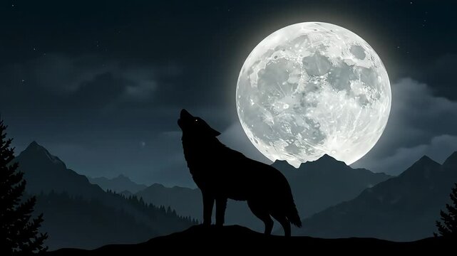 Stylized Silhouette of a Wolf Howling at a Full Moon Over Distant Mountains