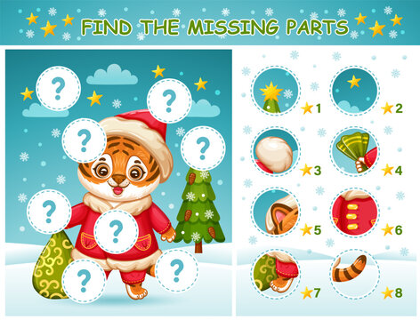 Find missing pieces Christmas tiger cat animal picture, match parts. Children education puzzle game. Stripe kitten in New year holiday clothes. Complete winter drawing. Kid learning worksheet. Vector