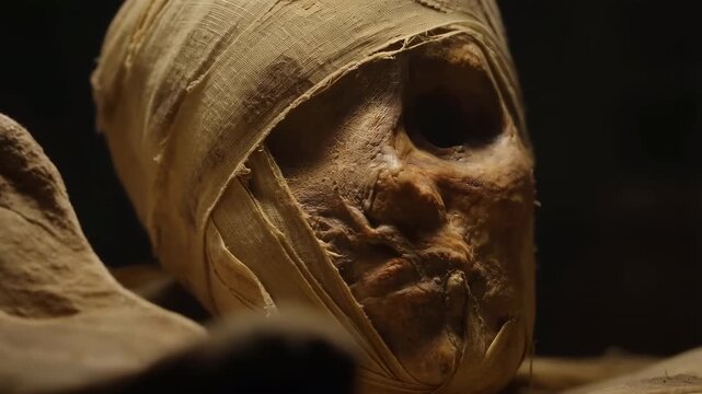 Ancient egyptian mummy head wrapped in bandages