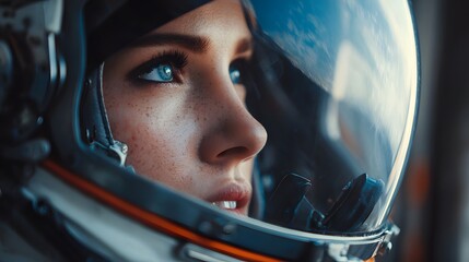 The girl with a vintage style astronaut helmet, thinking about the future and looking at the cell, close-up photo of the face
