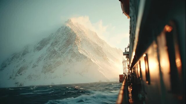 Ship navigating rough water near a snow capped mountain under sunny sky as climate change impact, video footage