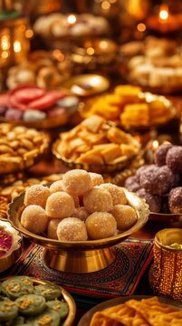 Close-up of traditional Indian sweets and snacks Diwali and Dussehralike ladoo, jalebi, barfi, gulab jamun, kaju katli, table overview, background. 