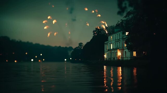 Orange firework explodes over water near traditional building at night, creating light reflection on surface, festive evening footage.