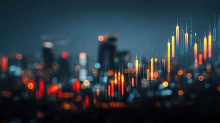 abstract glowing big data forex candlestick chart on blurry city backdrop trade technology investment and analysis concept double exposure no logos no brands ar 169
