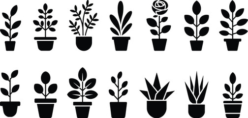 Black plant icon set, silhouette potted plants, botanical clipart, flower and foliage symbols, minimalist decor asset, indoor garden graphics