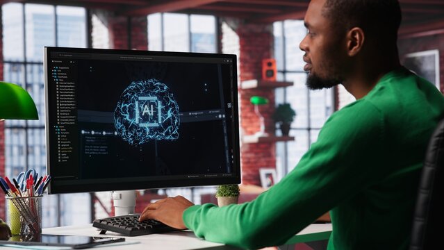 System engineer coding AI brain model of neural network for machine learning, solving tasks on computer. Debugging software algorithm and checking for errors, innovation. Camera A.