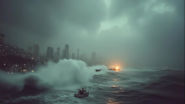 Fishing boats navigate extreme storm waves near illuminated city, facing climate change and sea level rise, disaster footage.