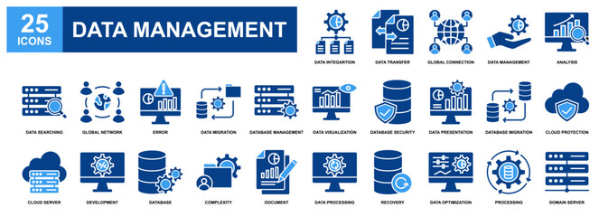 Data Management icon set collection. Containing design Data Integration, Analysis, Database Security, Complexity, Recovery