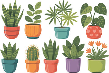 Cartoon potted plants, colorful foliage clipart, indoor botanical illustration, succulent and cactus mix, home decor design, cheerful greenery, whimsical art