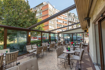 Outdoor café bar featuring garden seating