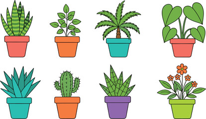 Cartoon potted plants, colorful indoor foliage, cute succulent and cactus clipart, home decor illustration, botanical design, cheerful greenery, whimsical art