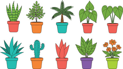Cartoon potted plants, colorful indoor foliage, succulent and cactus mix, botanical clipart, home decor illustration, cheerful greenery, whimsical plant design