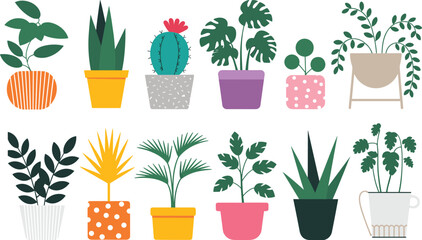Stylized potted plants, colorful indoor foliage, cartoon botanical clipart, succulent and cactus mix, home decor illustration, cheerful greenery, whimsical design