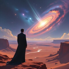 Silhouette Man Gazing at Spiral Galaxy Over Desert Cliff, contemplative