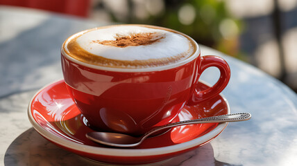 Delicious Cappuccino in a Vibrant Red Cup with Cinnamon Powder on a Marble Cafe Table