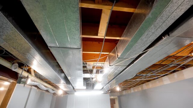  hvac heating, ventilation, air conditioning system under the ceiling in empty basement room in residential house under renovation 