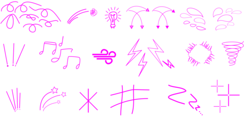 Collection of various pink doodle illustrations, including arrows, musical notes, and stars.